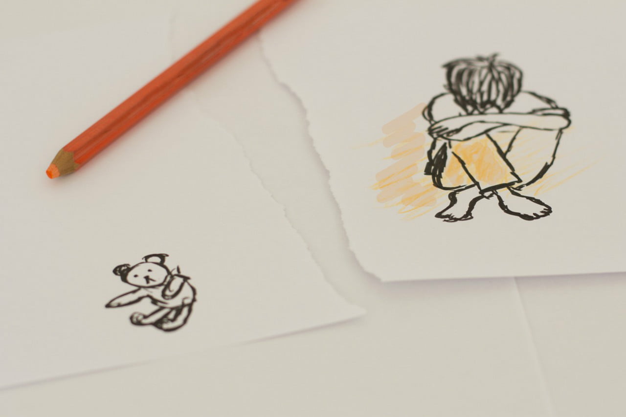 Illustration of child and teddy bear separated